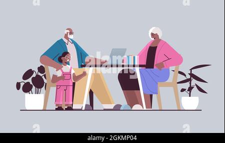 joyeux grand-parents afro-américains avec petite-fille utilisant ordinateur portable de réseau social de communication en ligne Illustration de Vecteur