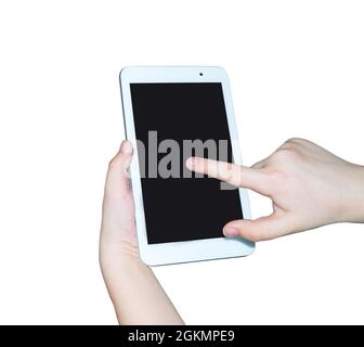 Gadget PC tablette à écran tactile dans les mains de l'enfant, isolé sur fond blanc Banque D'Images