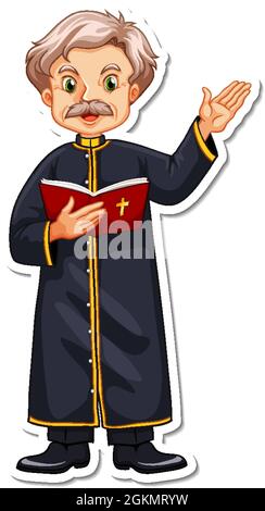 Personnage de dessin animé du prêtre lisant l'illustration de l'autocollant de la bible Illustration de Vecteur
