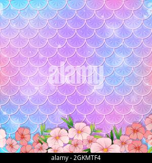 Motif pastel à l'échelle de la sirène avec illustration de nombreuses fleurs Illustration de Vecteur
