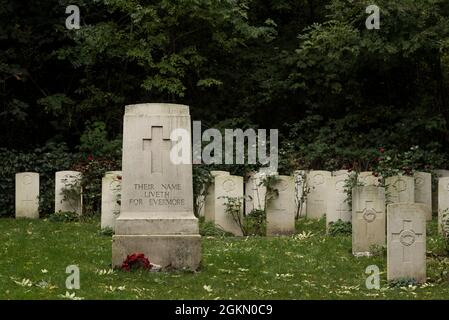 Mémorial de la première guerre mondiale avec une couronne de pavot et des pierres tombales pour les soldats du Commonwealth du Canada et de la Nouvelle-Zélande. Banque D'Images