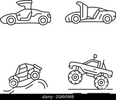 Conduite de véhicules spécialement modifiés jeu d'icônes linéaires Illustration de Vecteur