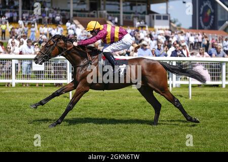 Photo du dossier datée du 16-07-2021 de Jack Mitchell, circonscription de Bayside Boy, pour gagner les mises de Novice bet365 EBF à l'hippodrome de Newbury. Date de publication : le mercredi 15 septembre 2021. Banque D'Images