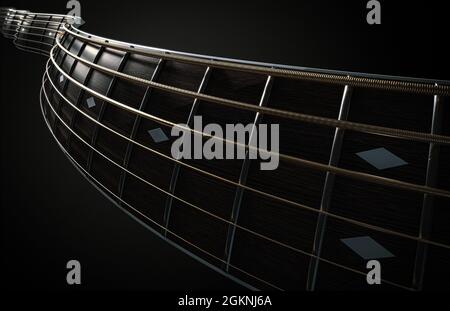 Un concept surréaliste d'un gros plan en forme de vague d'un fretboard de cou de guitare en bois foncé et de cordes en perspective - rendu 3D Banque D'Images