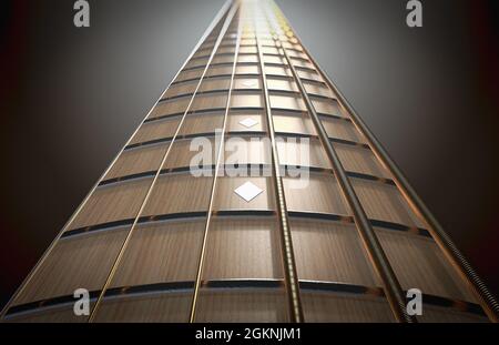 Un concept de gros plan d'un fretboard de cou de guitare en bois clair et des cordes en perspective - rendu 3D Banque D'Images