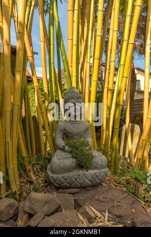 Sculpture de Bouddha en pierre devant un bambou dans le jardin Banque D'Images