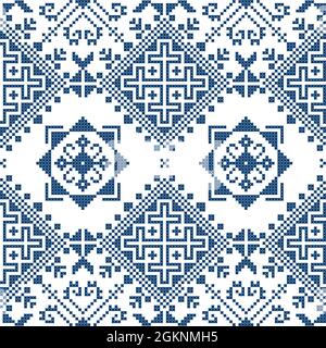 Zmijanjski vez motif vectoriel en point de croix bleu marine traditionnel - inspiré des anciens dessins d'art populaire de Bosnie-Herzégovine Illustration de Vecteur