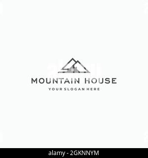 flat MOUNTAIN HOUSE Peak Home cheminée logo design Illustration de Vecteur