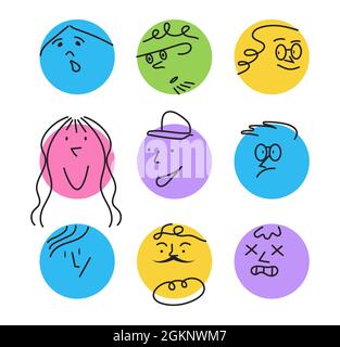 Ensemble de faces géométriques abstraites de cercle mignon. Émotions sur des taches colorées. Persil, style dessiné à la main. Des personnages tristes, en colère et souriants sur un modèle plat. Drôle rou Illustration de Vecteur