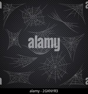 Toile d'araignée isolée et toile d'araignée, décorations de fête d'Halloween sur fond transparent vectoriel. Toile d'araignée de dessin animé ou filets collants sur les coins, Halloween horreur nuit partie sinistre décor Illustration de Vecteur