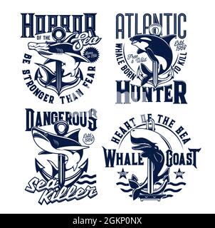 Imprimés de t-shirts avec orque d'animaux de l'océan, requin-marteau et ancres. Mascottes vectorielles pour la pêche ou club marin avec prédateurs marins. L'équipe d'aventure imprime avec la typographie sur fond blanc Illustration de Vecteur