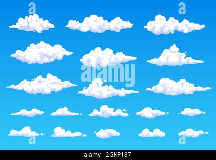 Dessin animé nuages blancs moelleux dans le ciel bleu. Vecteur ciel nuageux d'été, nuages dans le ciel. Doux et à la dérive ou cumulus temps et la nature. Météorologie nuages blancs isolés Illustration de Vecteur