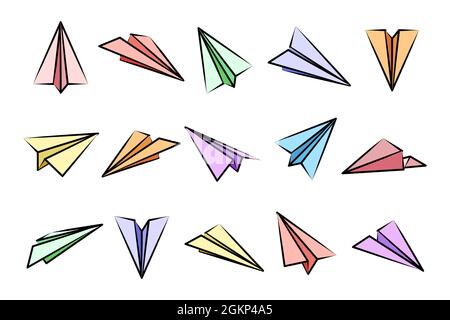 Différents plans de papier dessinés à la main. Des avions colorés. Icône avion, silhouettes avion simples. Contour, illustration vectorielle. Illustration de Vecteur