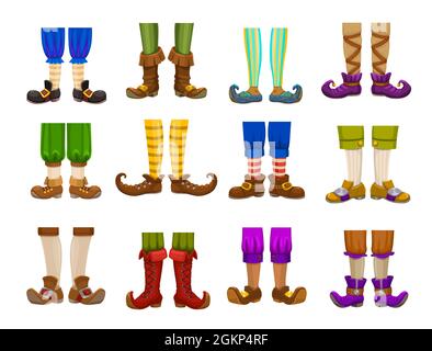 Pattes de dessin animé de gnome, elf, sorcier, magicien et verrue, wiz et sorcier. Pieds et chaussures vectoriels isolés de personnages magiques avec pantalons, chaussettes et bas à rayures, bottes et collants Illustration de Vecteur