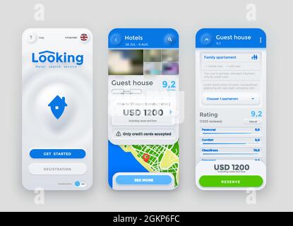 Recherche d'hôtel, réservation, paiement et réservation service en ligne application, vecteur écran d'interface neumorphe. Interface utilisateur de l'application de téléphonie mobile pour les voyages, les recherches d'hôtels ou les réservations d'appartements et de chambres sur smartphone Illustration de Vecteur