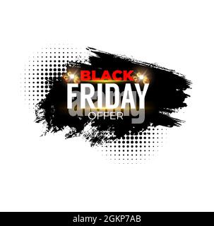 Bannière de solde du Vendredi fou. Offre boutique week-end et étiquette de promotion, achats saisonniers rabais publicité grunge bannière vectorielle avec peinture noire ou trait d'encre, taches de pulvérisation et effet demi-ton Illustration de Vecteur