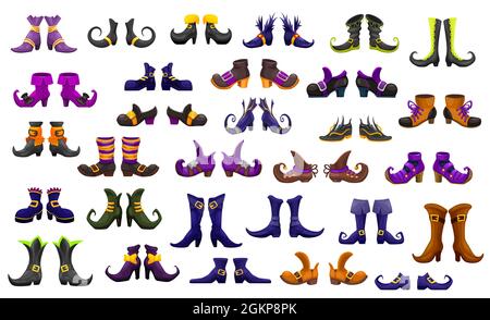 Bottes de dessin animé, chaussures de fée, sorcière, magicien et verrue ou sorcellerie et enchantresses, icônes vectorielles. Halloween fée sorcière ou hellcat, welf nain ou pixie magie bottes ou chaussures avec boucles et rubans Illustration de Vecteur