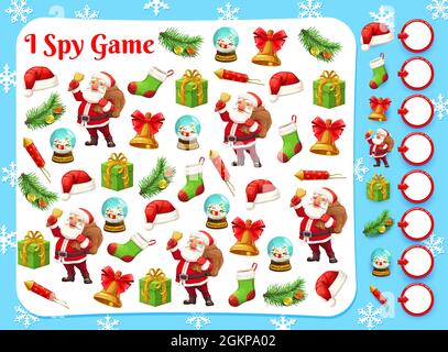 Jeu de Noël de I SPY, trouver et compter puzzle modèle de vecteur. Feuille de travail d'activité d'éducation pour enfants ou énigme logique avec personnage de dessin animé de Santa, boîte cadeau de Noël, bas de Noël et chapeau rouge, cloche, flocon de neige Illustration de Vecteur