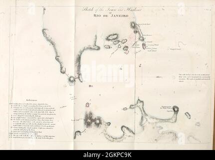 Croquis de la ville et du Port de Rio-Janeiro [Rio de Janeiro, Brésil] du livre Voyage à la Cochinchine par les les les les de Madère, de Ténériffe et du Cap Verd, le Brésil et l'ile de Java, : Suite des faits nouveaux et officiels sur l'état naturel et civil de ces divers pays; associé de la relation officielle d'un voyage au pays de Boushouanas, dans l'intérieur de l'Afrique australe; par Sir John Barrow, publié à Paris en 1807 Banque D'Images