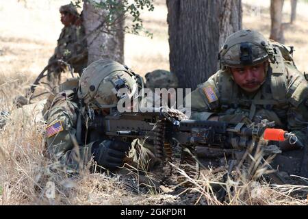 Au cours de la visite du site à fort Hunter Liggett, en Californie, les employeurs nommés par le biais du programme de soutien des employeurs de la Garde et du programme de levage des patrons de réserve ont pu voir des soldats effectuer des exercices sur le terrain dans le cadre de leur formation de préparation, le 12 juin 2021. Banque D'Images