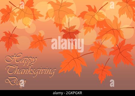 Carte de vœux Vector Thanksgiving avec bokeh et lettrage aux feuilles d'érable Illustration de Vecteur