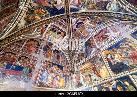 Foligno Ombrie Italie. Fresques du Palais Trinci (Palazzo Trinci), résidence patricienne et musée. Banque D'Images