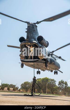 Soldats des forces spéciales de l'armée américaine affectés au 19e Groupe des forces spéciales (Airborne), Garde nationale de l'armée de l'Utah, parachutistes de l'armée royale marocaine, Et les commandants de la Marine royale marocaine conduisent un entraînement rapide de corde à partir d'un Chinook MH-47 du 160e Régiment d'aviation d'opérations spéciales lors de l'exercice African Lion 2021 à Tifnit Maroc, Afrique, le 14 juin 2021. African Lion 2021 est l'exercice annuel le plus important, conjoint et le plus important du Commandement de l'Afrique des États-Unis, organisé par le Maroc, la Tunisie et le Sénégal, le 7-18 juin. Plus de 7,000 participants de neuf nations et de l'OTAN s'entraînent ensemble en mettant l'accent sur l'amélioration de la réadmission Banque D'Images