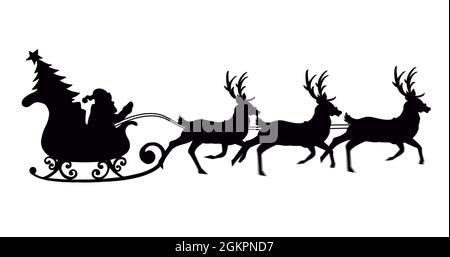 Image numérique de la silhouette noire du père noël et de l'arbre de noël en traîneau Banque D'Images