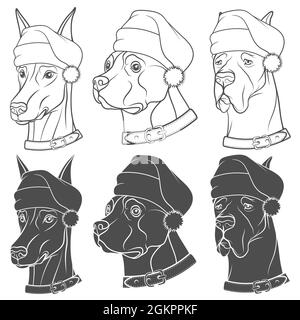 Ensemble d'illustrations en noir et blanc avec des chiens dans des chapeaux de Noël. Objets vectoriels isolés sur fond blanc. Illustration de Vecteur