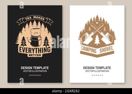 Ensemble de citations de voyage inspirantes. Concept vectoriel pour chemise ou logo, imprimé. Design typographique vintage avec pelle rétro campeuse, cafetière sur Illustration de Vecteur