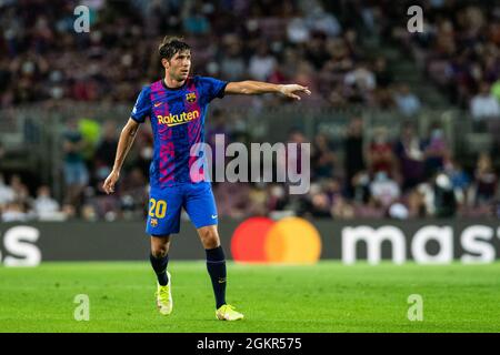 Barcelone, Espagne, 14 septembre 2021, Sergi Roberto du FC Barcelona gestes pendant la Ligue des champions de l'UEFA, match de football joué entre le FC Barcelone et le Bayern Munich au Camp Nou Stadium, le 14 septembre 2021, à Barcelone, Espagne - photo: Marc Gonzalez Aloa/DPPI/LiveMedia Banque D'Images