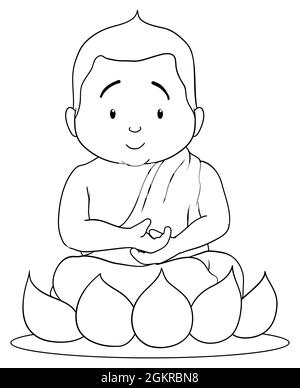 Un joli petit Bouddha en forme de bébé méditant sur une fleur de lotus. Version en style de dessin animé et contours à coloriage. Illustration de Vecteur