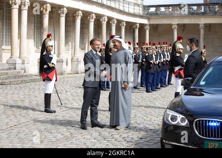 Fontainebleau, France, le 14 septembre 2021, déjeuner de travail entre son Higness Cheikh Mohamed Bin Zayed Al Nahyan, le prince héritier d'Emirat d'Abu Dhabi et le président français Emmanuel Macron, François Loock/Alay Banque D'Images