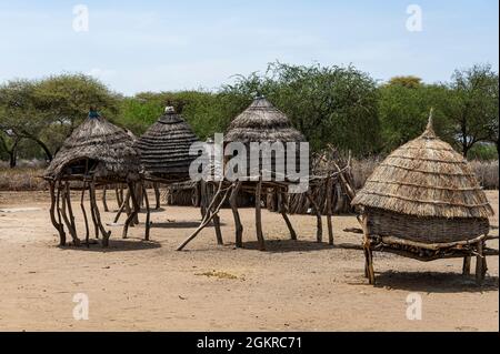 Huttes de village traditionnelles de la tribu Toposa, Equatoria de l'est, Soudan du Sud, Afrique Banque D'Images