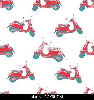 Conception sans couture répétée d'une image biotone rouge et cyan d'un scooter Vespa isolé sur un fond blanc, avec un chemin de coupure Banque D'Images