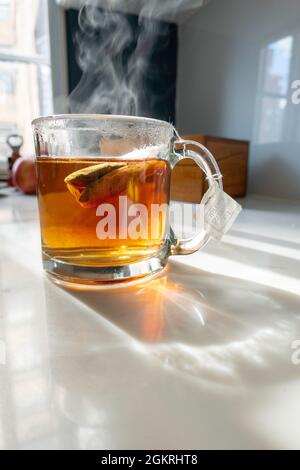 Mug en verre transparent avec thé steeping, États-Unis Banque D'Images