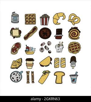 Ensemble de produits de restauration rapide Doodle Food. Bonbons, desserts, en-cas, pop-corn, cuisine américaine et petit-déjeuner anglais. Un grand ensemble de nourriture de dessin animé Illustration de Vecteur