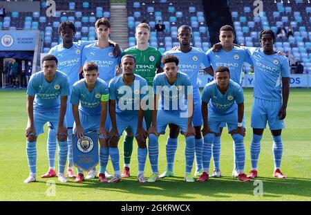 Équipe de Manchester City pendant la Ligue de la Jeunesse de l'UEFA, Group A Match au Manchester City Academy Stadium. Date de la photo: Mercredi 15 septembre 2021. Banque D'Images