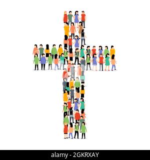 Personnes cross groupe foule église chrétienne jésus fond. Croix en forme de croix Illustration de Vecteur