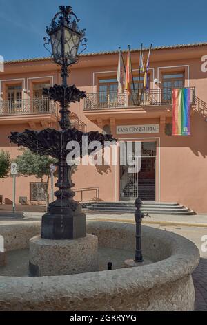 Façade principale de l'hôtel de ville de Requena dans la province de Valence, Espagne, Europe Banque D'Images