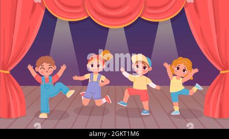 Dessins animés pour enfants, dansant sur scène de théâtre avec rideau. Activités de groupe de garçons et de filles de la maternelle. Concept vectoriel de spectacle de danse pour enfants Illustration de Vecteur