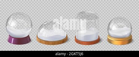 Boules de neige réalistes de noël et dômes en verre avec flocons de neige. Hiver vacances décoratif souvenir boule de cristal de neige. Ensemble de vecteurs du globe terrestre Illustration de Vecteur