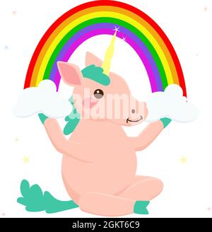 Rose licorne assis et tenant les nuages et l'arc-en-ciel.Illustration de dessin animé vectoriel.Imprimé pour un t-shirt ou une carte de vœux pour enfants isolée sur du blanc. Illustration de Vecteur