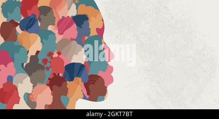 La femme face silhouette en profil avec un groupe de femmes africaines et africaines américaines face à l'intérieur.concept de l'égalité raciale antiracisme. Allyship Illustration de Vecteur