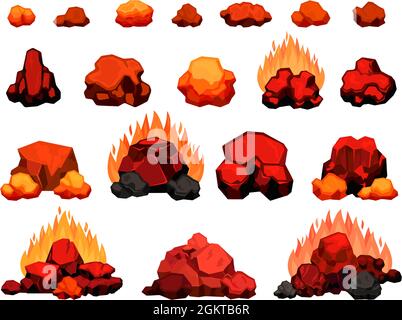 Feu de joie de dessin animé avec des morceaux de charbon de bois chauds pour barbecue. Pile de charbon de bois avec flamme pour barbecue ou barbecue. Charbon rouge pour ensemble vectoriel de four Illustration de Vecteur