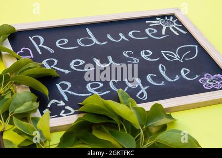 Tableau à craie affiche de réutilisation du recyclage sur fond jaune avec des feuilles vertes Banque D'Images