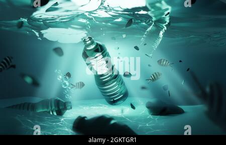 déchets de plastique flottant dans l'océan ouvert sous l'eau. Problèmes de pollution du climat et de l'environnement. Illustration 3D. Banque D'Images