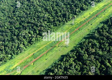 Vues aériennes des lignes électriques à travers la jungle au Brésil. Banque D'Images