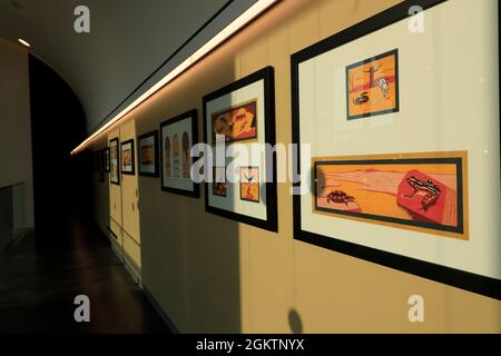 Les dessins de la conception des peintures murales de maïs pour décorer Mitchell Corn Palace chaque année exposés à l'intérieur du seul Corn Palace du monde.Mitchell.South Dakota.USA Banque D'Images