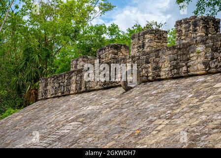 L'anneau en pierre sculpté est fixé haut dans le mur des ruines de la grande cour de bal Banque D'Images